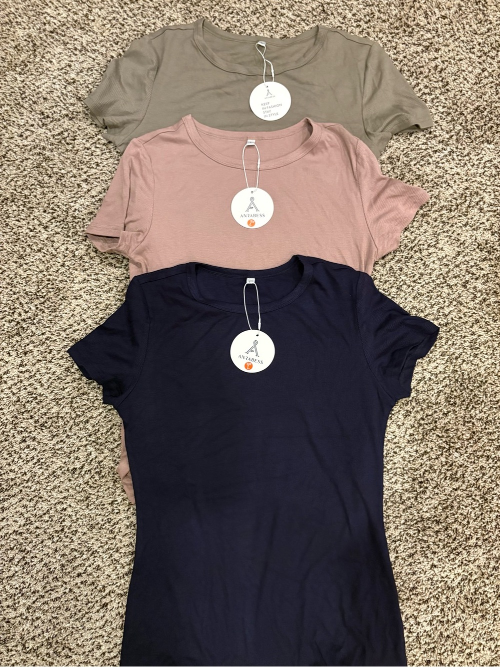 Anavess Ribbed Women's Short Sleeve Crewneck Tee - Navy, Blush, Olive (3-Pack)